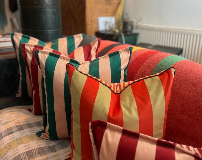 Colours Of Arly premium striped velvet designer cushions with French seam in a choice of colours.