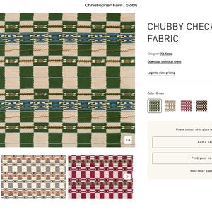 May include: Green and cream-colored woven fabric with a large check pattern. The fabric has a repeating design of green squares and cream-colored rectangles, with blue and brown decorative elements. The text "CHUBBY CHECK WOVEN FABRIC" is displayed.