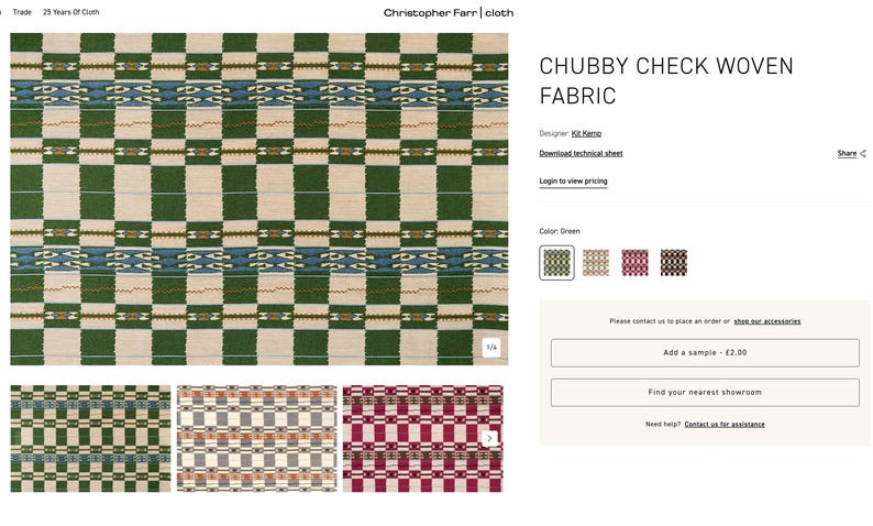 May include: Green and cream-colored woven fabric with a large check pattern. The fabric has a repeating design of green squares and cream-colored rectangles, with blue and brown decorative elements. The text "CHUBBY CHECK WOVEN FABRIC" is displayed.