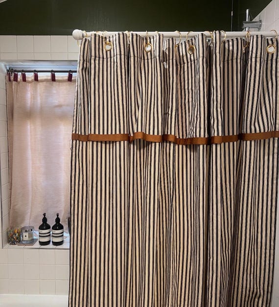 Handmade frilly Ticking Stripe Shower Curtain in various colours: Custom Color Trim, Waterproof Lined