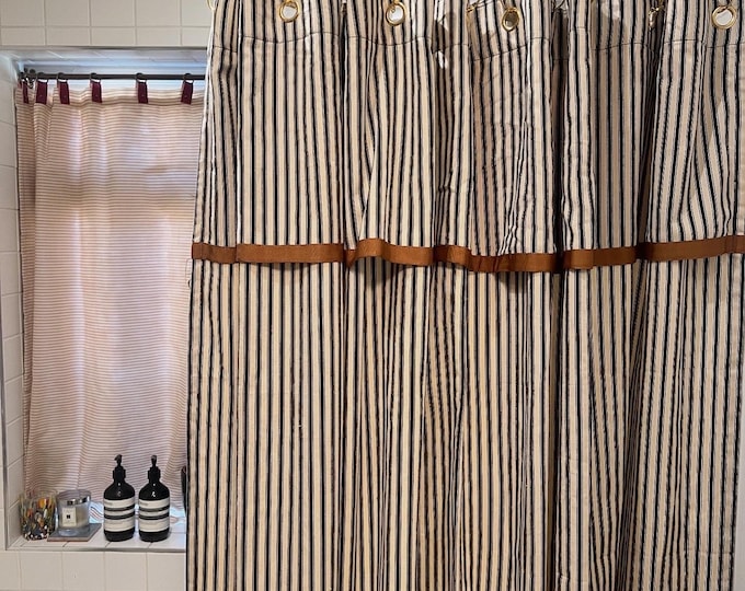 Handmade frilly Ticking Stripe Shower Curtain in various colours: Custom Color Trim, Waterproof Lined