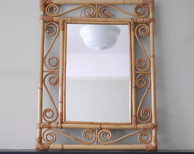 1970s decorative bamboo wall mirror, bohemian