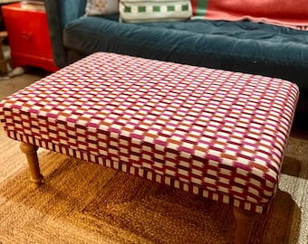 Bespoke footstool / ottoman in customers own fabric, custom sizes available and a choice of turned wooden legs