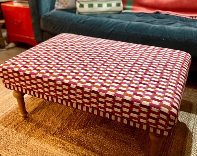 Bespoke footstool / ottoman in customers own fabric, custom sizes available and a choice of turned wooden legs