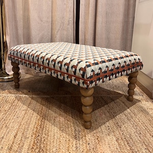 Bespoke Kirkby Design Piccadilly Ottoman footstool in custom sizes and a choice of contrasting piping and turned legs