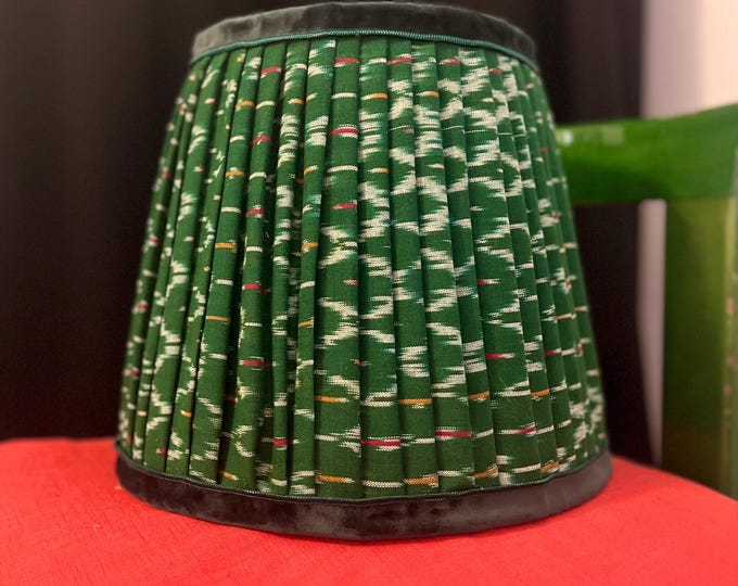 Traditional handmade,  block printed green cotton Ikat lamp shade, ruched in various sizes