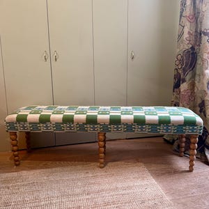 Bespoke Christopher Farr Cloth Chubby Check upholstered bench with turned bobbin legs image 1