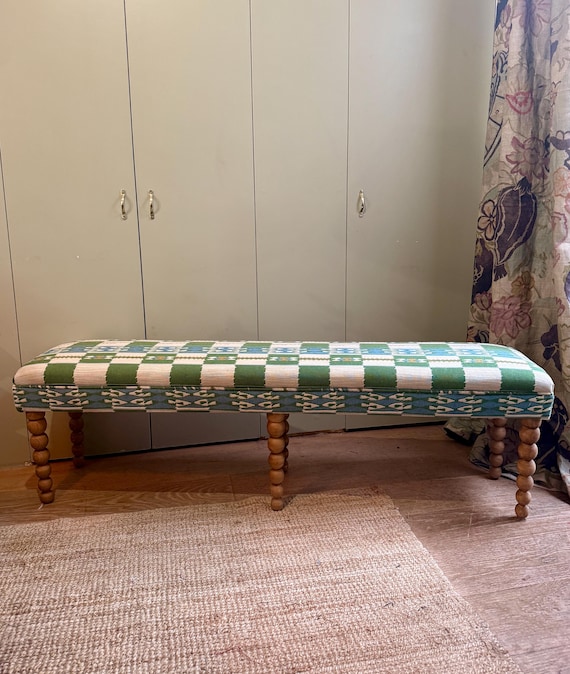 Bespoke Christopher Farr Cloth Chubby Check upholstered bench with turned bobbin legs