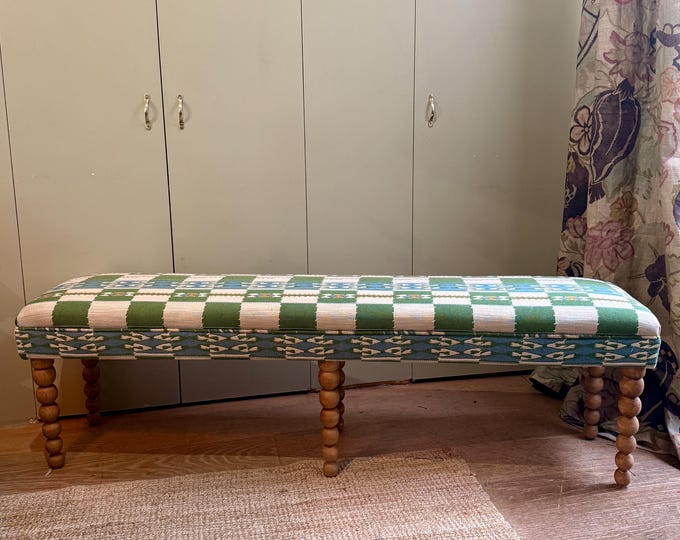 Bespoke Christopher Farr Cloth Chubby Check upholstered bench with turned bobbin legs