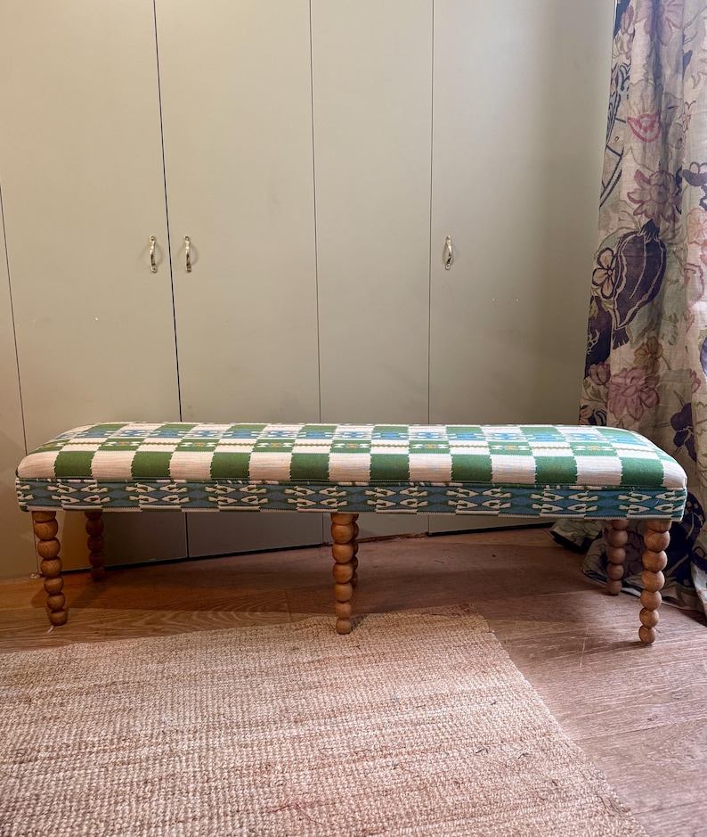 Bespoke Christopher Farr Cloth Chubby Check upholstered bench with turned bobbin legs image 1