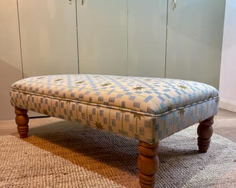 Bespoke Studio Ashby piped ottoman footstool in Afua, Disa or  Patch, Paloma Plaid and a choice of turned beech legs waxed or painted