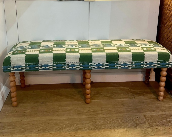 Bespoke Christopher Farr Cloth Chubby Check upholstered bench with turned bobbin legs