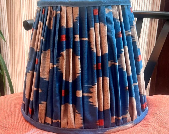 Traditional handmade, block printed blue and gold silk Ikat lamp shade, pleated or ruched in various sizes