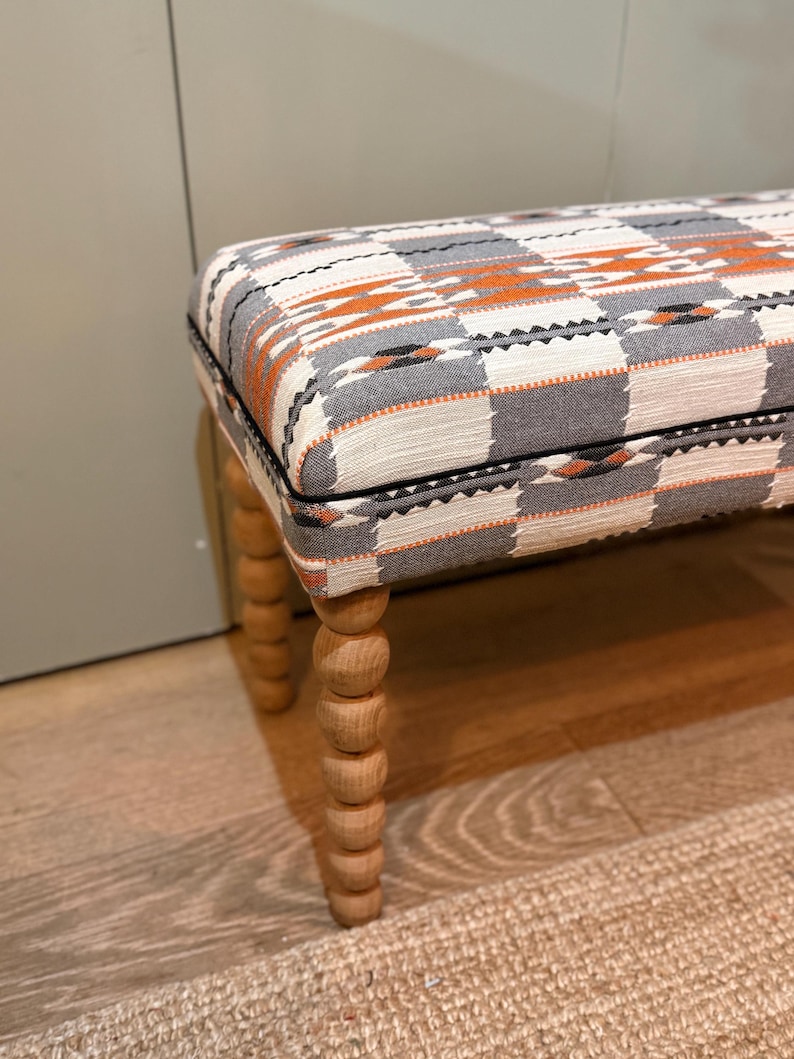 Bespoke Christopher Farr Cloth Chubby Check upholstered bench with turned bobbin legs image 7