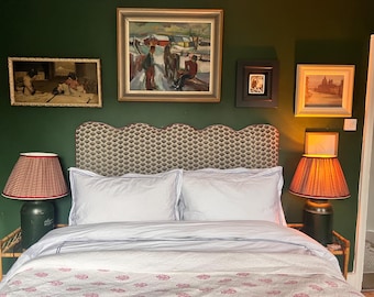 Bespoke upholstered floor-standing headboard in your own fabric with optional piping, in a range of shapes and sizes