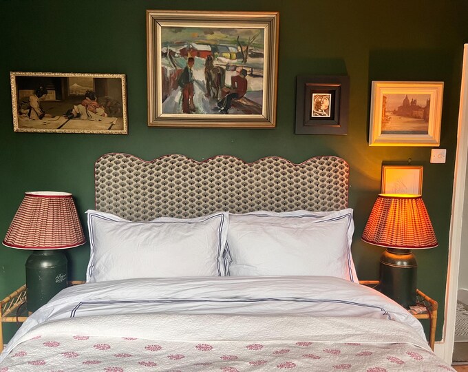 Bespoke upholstered floor-standing headboard in your own fabric with optional piping, in a range of shapes and sizes