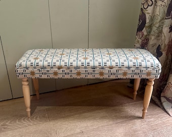 Bespoke Upholstered Bench: Studio Ashby Fabric, Piped Finish, Turned Legs