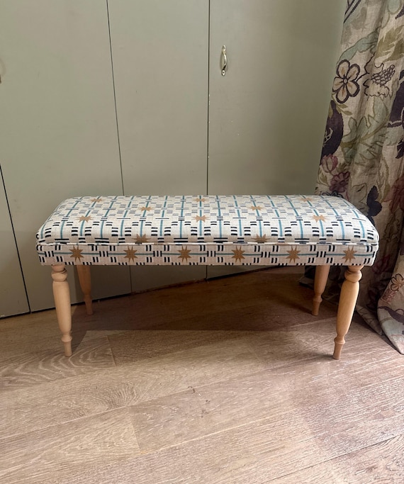 Bespoke Upholstered Bench: Studio Ashby Fabric, Piped Finish, Turned Legs