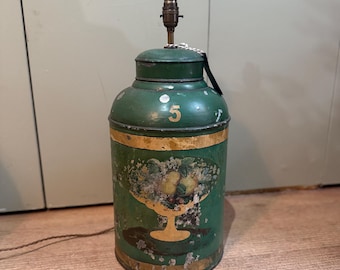 Large green 19th Century toleware lamp with traditional brass fittings. Collectible and unique.