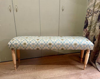Bespoke Upholstered Bench: Sister by Studio Ashby Fabrics, Afua, Odessa, Disa , turned legs.