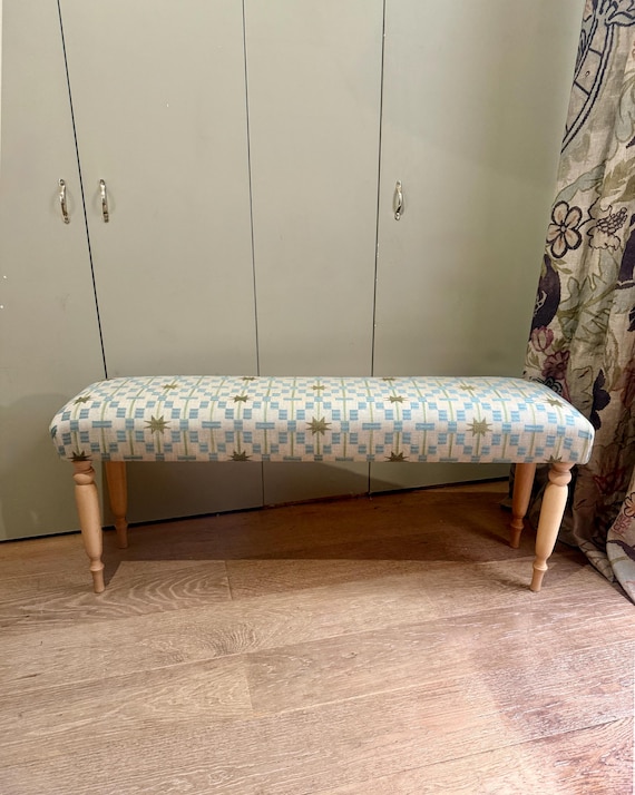 Bespoke Upholstered Bench: Sister by Studio Ashby Fabrics, Afua, Odessa, Disa , turned legs.