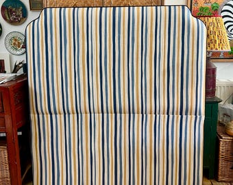 Striped Linen Headboard, Christopher Farr Fabric with Piping, Custom Bed Sizes