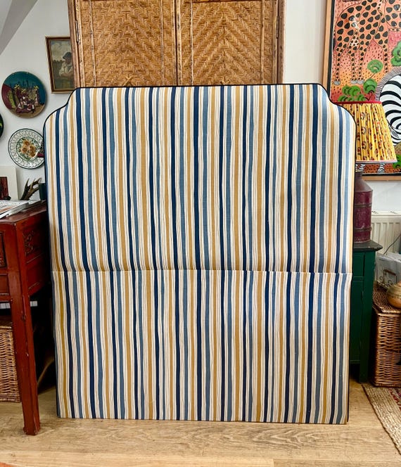 Striped Linen Headboard, Christopher Farr Fabric with Piping, Custom Bed Sizes