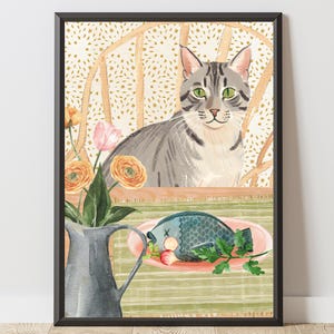 Grau weiß getigerte Katze Poster, Katze und Fisch druckbare Kunst, Katzenmutter Kunstdruck, Katzenliebhaber Geschenk, Tier Kinderzimmer und Kinderzimmer Wandkunst