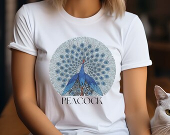 Vintage Graphic Peacock Women's Shirt, Art Nouveau Peacock T Shirt, Blue Peacock Bird Shirt, Bird Lover Shirt, Mom Gift, Unisex Tee Shirt
