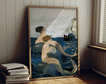 Vintage Mermaids and Cat Art Print, Funny Black Cat Poster Print, Cat Mom Gift, Cat Dad Gift, Whimsical Ocean Art, Cottagecore Art Print