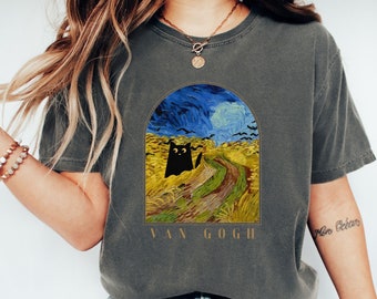 Van Gogh Art with Funny Black Cat T Shirt, Cat Mom Gift, Comfort Colors Unisex Tee shirt, Van Gogh Wheatfield with Crows Art, Art Lover Gift