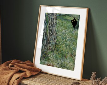 Van Gogh Funny Black Cat Art Print, Van Gogh's Tree Trunks in Grass Painting, Whimsical Cat Poster, Cat Mom Gift, Art Lover Gift, Funny Cat