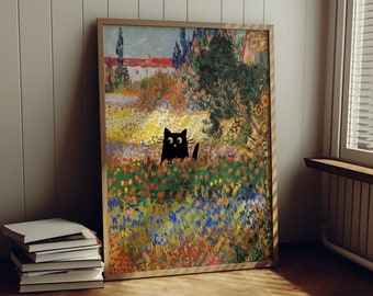 Van Gogh Art with Black Cat, Flowering Garden with Path and Cat Poster Print, Funny Black Cat Art, Cat Mom Gift, Art Lover Gift