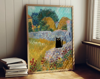 Van Gogh and Cat Art Print, Van Gogh's Farmhouse in Provence with Funny Black Cat, Cat Mom Gift, Rural Landscape Art, Vintage Poster Art