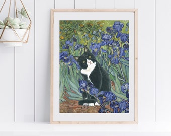 Funny Cat Gift, Van Gogh Irises with Tuxedo Black and White Cat Poster Art Print, Cat Mom Gift, Cat Lover Gift, Cat Dad Gift, Matte Paper