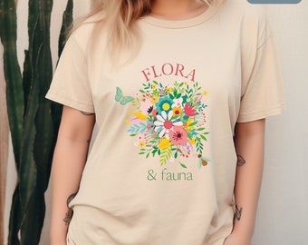 Flora and Fauna Comfort Colors T Shirt, Cottagecore Flower Nature Lover Shirt, Gift for Gardener, Flower Mom Shirt, Butterfly and Bee Tee