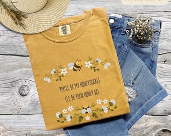 Cute Cottagecore Shirt, Honeysuckle Flower Honey Bee T Shirt, June Birth Flower, Song Lyric Tee Shirt, Floral Mom Gift, Best Friend Gift