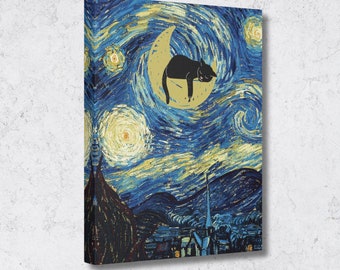 Van Gogh Starry Night Funny Cat Canvas Wall Art Print, Cat Mom Gift, Art Lover Gift, Cat Dad Gift, Van Gogh Cat Print, Funny Black Cat Art