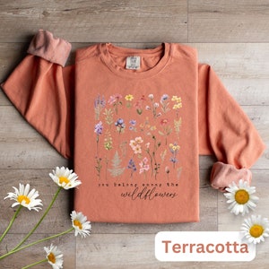 Wildflowers Women's Sweatshirt, Vintage Floral Cottagecore, Boho Women's Comfort Colors Shirt, Watercolor Woodland and Nature Shirt Terracotta