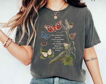 Cottagecore Vintage Butterfly and Caterpillar Poem Comfort Colors Unisex T-shirt, Boho Retro Graphic T shirt, Butterfly lover gift