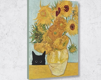 Van Gogh's Sunflowers With Peeking Black Cat Canvas Art Print, Cat Lover Gift, Art Lover Gift, Famous Painting with Cat, Cat Mom Gift