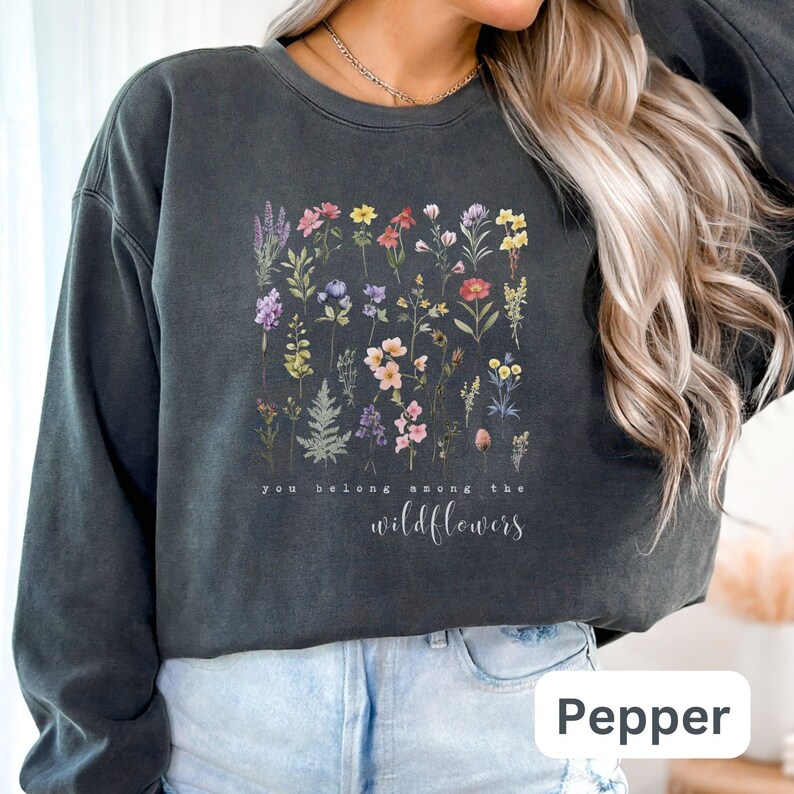 Wildflowers Women's Sweatshirt, Vintage Floral Cottagecore, Boho Women's Comfort Colors Shirt, Watercolor Woodland and Nature Shirt Pepper