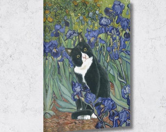 Van Gogh Irises Cat Canvas Art Print, Funny Cat Art, Cat Mom Gift, Cat Lover Gift, Tuxedo Cat Art, Cat Dad Gift, Gallery Wrap Canvas Art