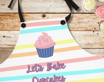 Lets Bake Cupcakes Apron, Housewarming Gift, Hostess Gift, Wedding Gift, Women's Kitchen Apron, Funny Apron, Striped Apron, Baking Apron