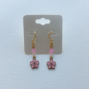 Cute Pink/Gold Flower Dangle Earrings