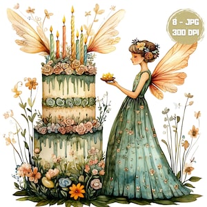 Pacote de clipart de fada com bolo de aniversário peculiar, desenhos em aquarela em PNG para scrapbooking, criação de cartões, diário e impressão de arte, download digital