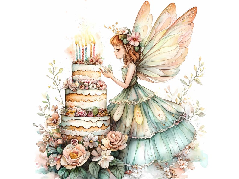 Quirky Birthday Cake Fairy Girl Clipart Bundle Watercolor Png Designs ...