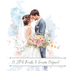 Set di clipart con sposi e dolci sposi, matrimonio stampabile, illustrazioni per il giorno delle nozze, clipart eleganti per matrimonio, scrapbooking, JPG romantici