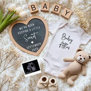 Boho Simple Pregnancy Announcement Gender Neutral Heart Baby Announcement Flat lay Pregnancy Reveal Ideas for Social Media
