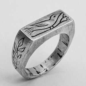 Silver Sparrow Bird Signet Engraved Ring, Tattoo Inspired, Hand Carved Ring, Mens Vintage unisex handmade 925 recycled sterling silver